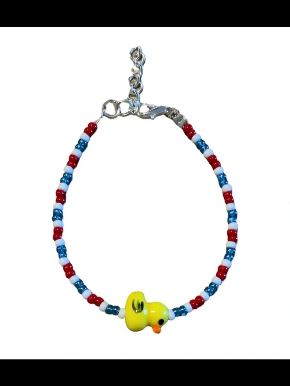 Beaded Duck Charm Anklet - Yellow Duck, Red/White/Blue Beads